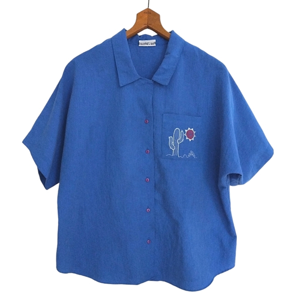 Vintage Oversized Unisex Embroidered Cactus Dolman Button Up XXL